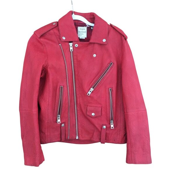 Zadig & Voltaire Women's Size Large Liya Cuir Moto Biker Leather Jacket Red - Picture 2 of 16